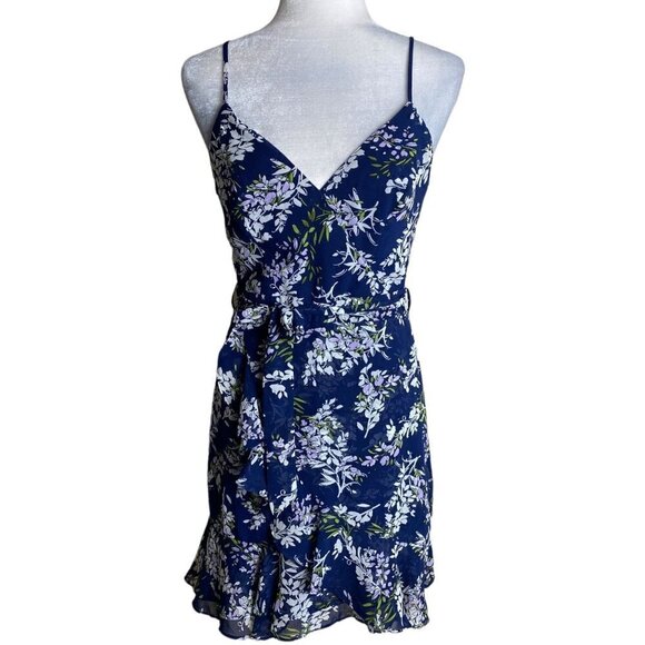 B. DARLIN Mini Dress with Belt Lilac Floral Print Cottagecore Faux Wrap JRS Sz M - Picture 2 of 8